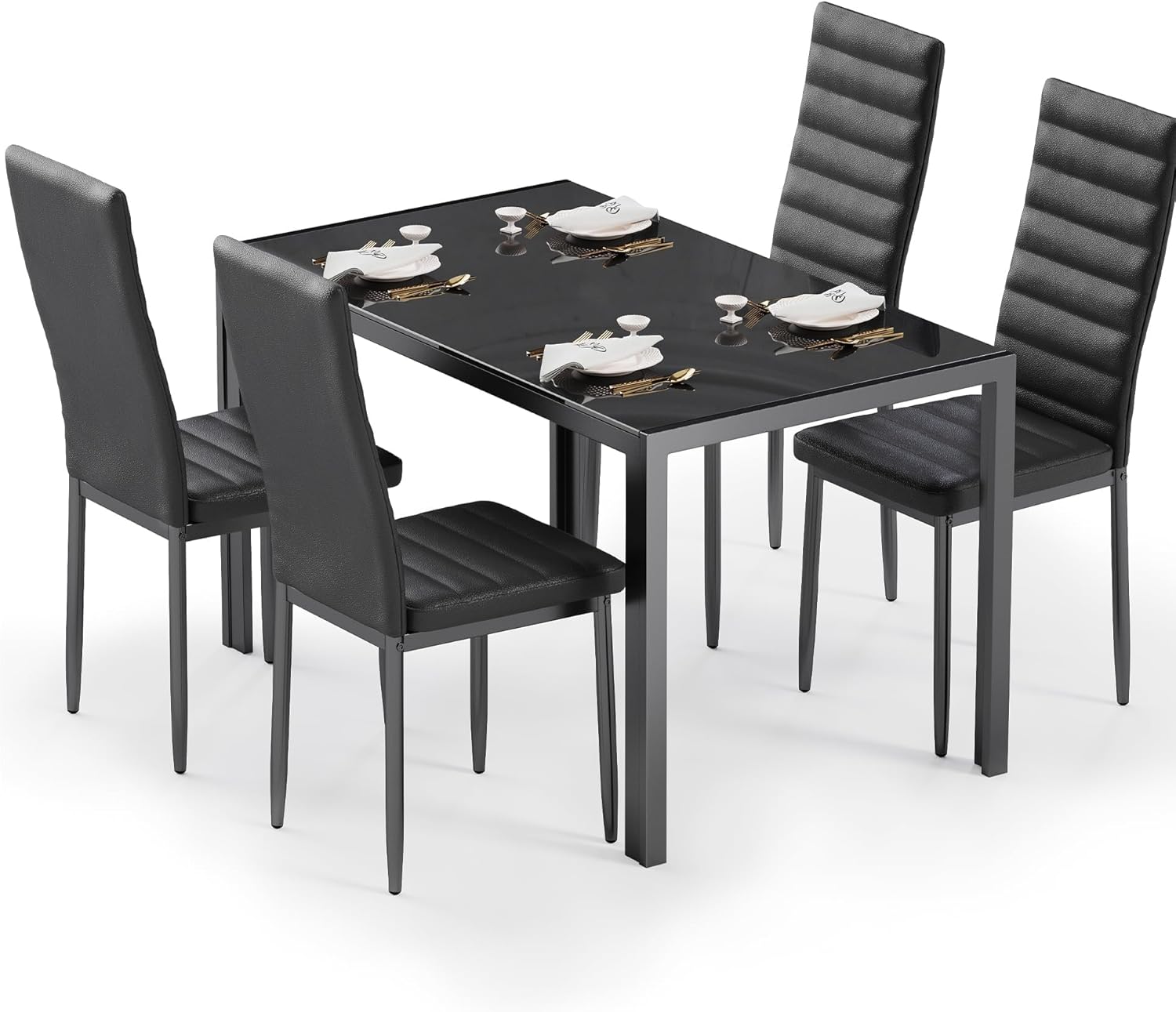 Bealife Kitchen Dining Table Set for 4, Tempered Glass 5 Piece - Black | PU Leather Modern Dining Room Furniture, Space Saving Table and Chairs Set for Home, Kitchen, Living Room, Dining Room