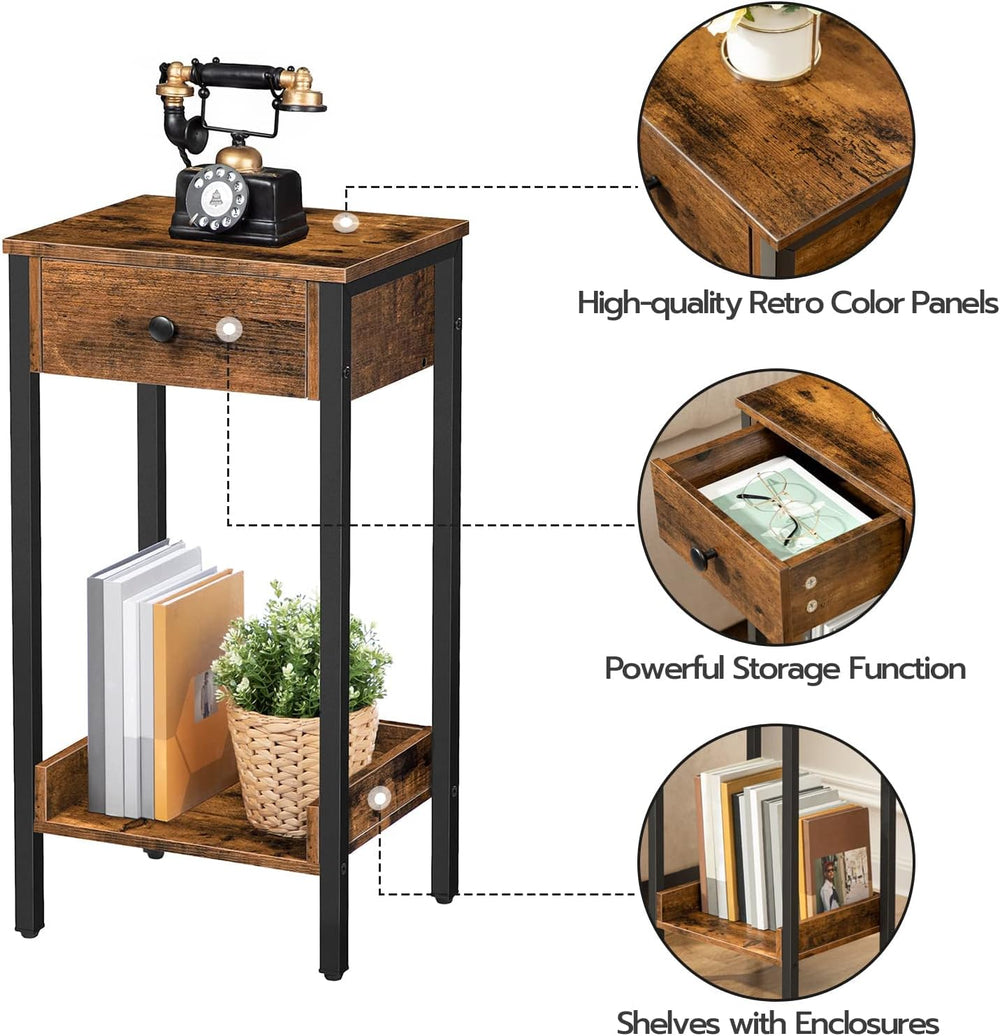 HOOBRO Tall End Table, Nightstand, Industrial Side Table with Drawer and Stor...