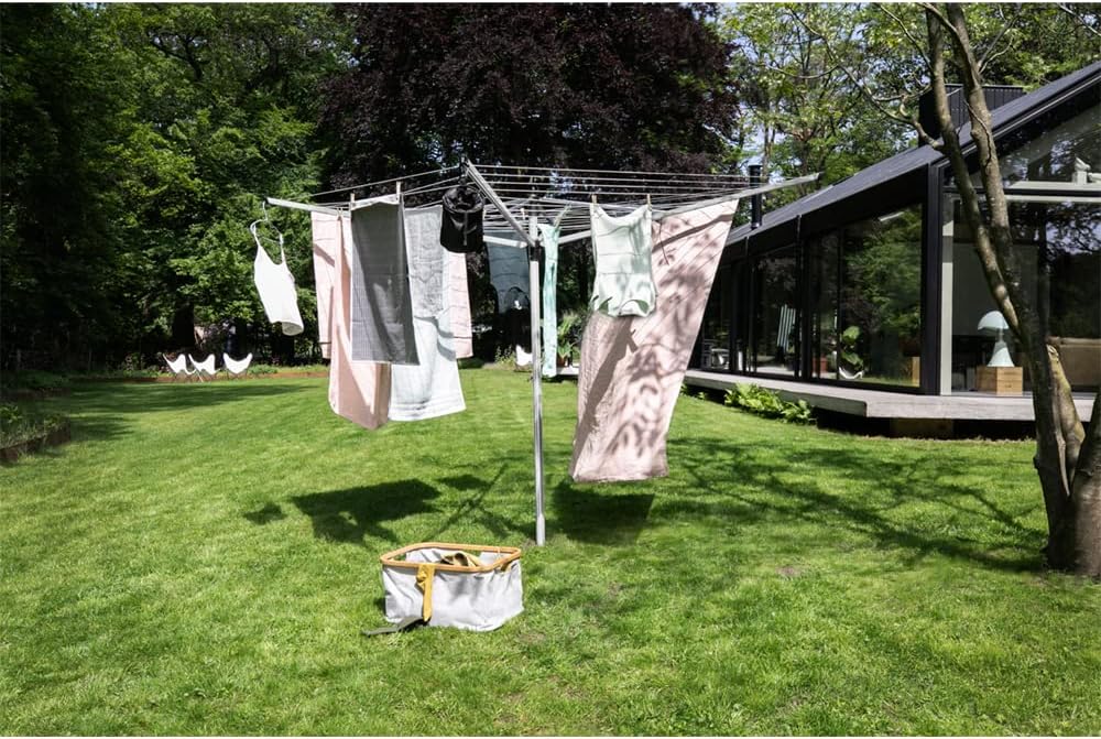 Brabantia Lift-O-Matic Outdoor 4 Arm Clothesline (197 ft/Ø 1.8") Height Adjustable, Folding Clothes Drying Rack + Ground Spike & Cover (Gray)