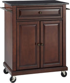 Crosley Furniture Compact Granite Top Small Rolling Cart with Shelves, Microwave Stand with Towel Rack, Mahogany
