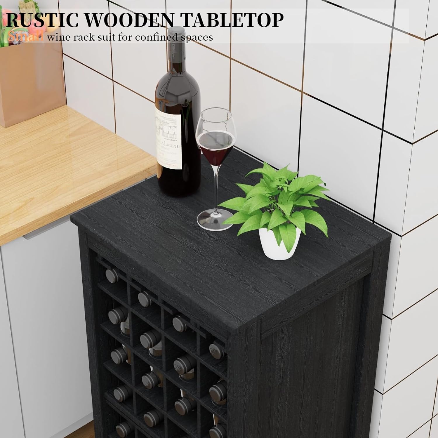WERSMT 8-Tier Freestanding Wine Rack Wood, 32 Bottles Wine Rack Counter for Small Space, Farmhouse Stackable Modular Wine Bottle Holder Rack, Black