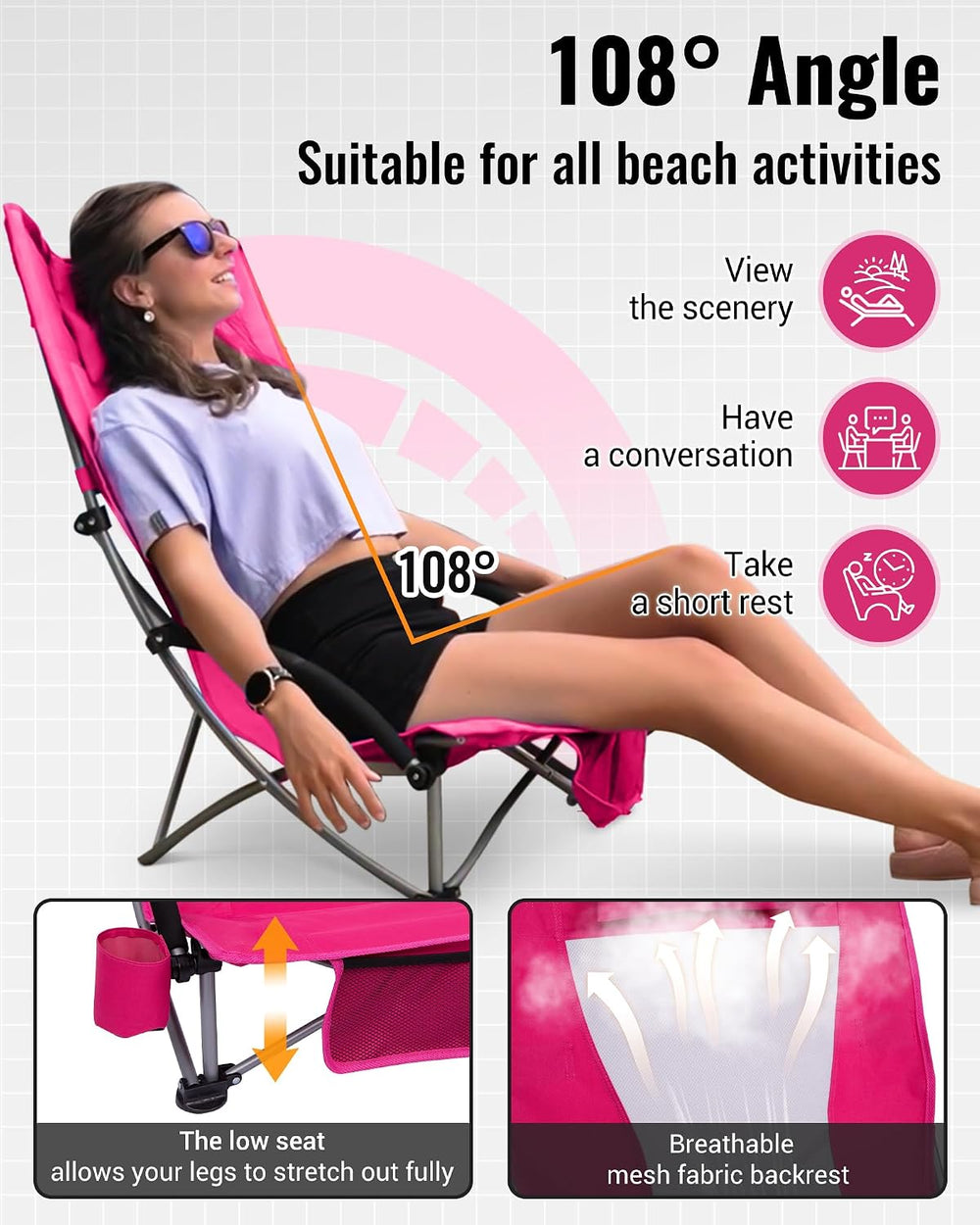 KingCamp Low Beach Chair, High Back Folding Camping Chair for Adults, Oversiz...