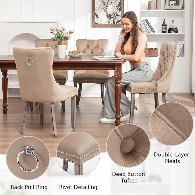 Velvet Dining Chairs Set of 2, Upholstered Dining Room Chairs with Nailhead Ring Pull Trim, Button Tufted Wing Back Chairs for Dining with Solid Wood Legs for Kitchen Dining Room(Khaki)