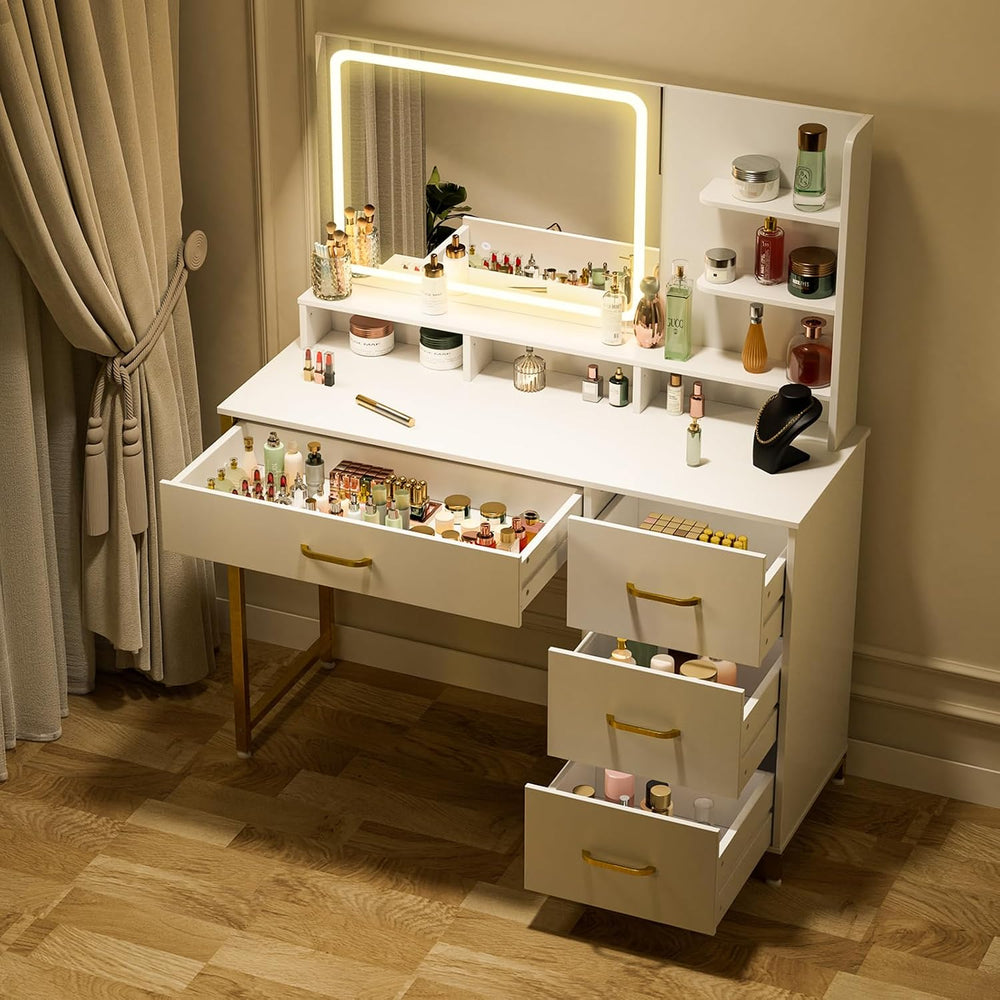 COMHOMA Vanity Desk with Mirror and Lights, Makeup Vanity Table with 4 Drawer...