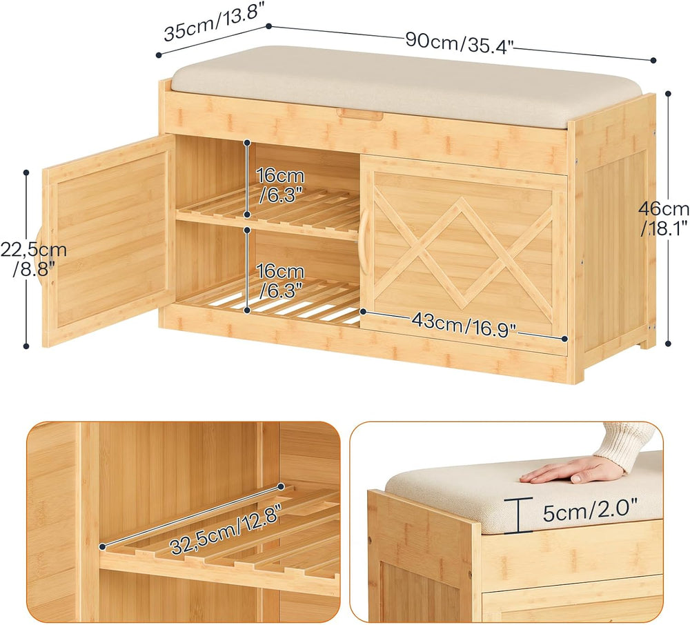 HOOBRO Shoe Bench, Shoe Storage Bench with Cushion, Bamboo Entryway Bench wit...
