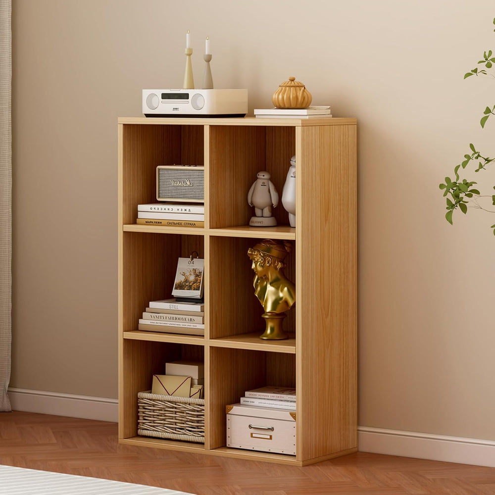 6-Cube Storage Shelf Bookcase - Wooden 3-Tier Floor Standing Open Bookshelf f...