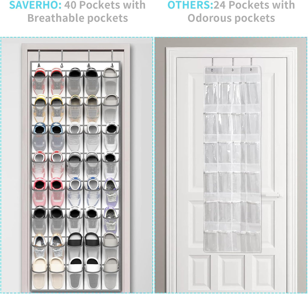 SAVERHO 40 Large Pockets Over the Door Shoe Organizer,Space-Saving Mesh Hanging Shoe Rack for Door Shoe Holder, Large Size 76.4" x 27.5" Ideal for Closet & Door Storage (White, 40 Pockets)