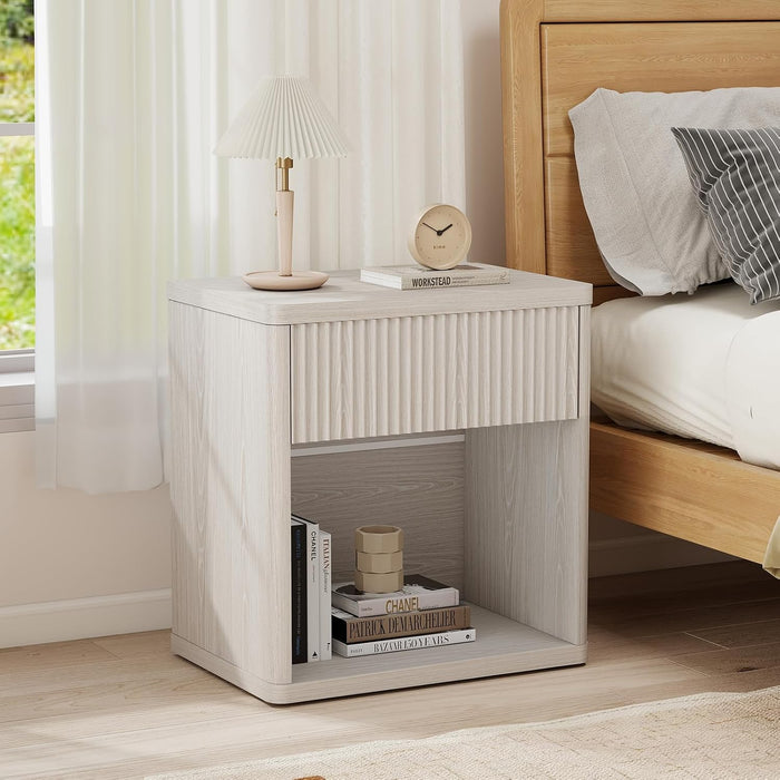 LubanNese Fluted Nightstand with Drawer, Modern Night Stand, Bed Side Table with Storage, End Table Large Wide Bedside Stand, Mid Century Night Stands for Bedroom Living Room, Oatmeal Ash