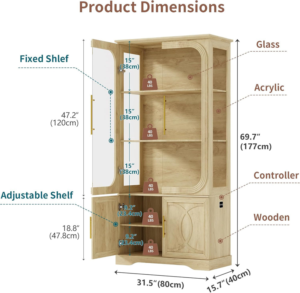 69" Tall Display Cabinet with Glass Doors, Curio Cabinet with 3 LED Ligh...