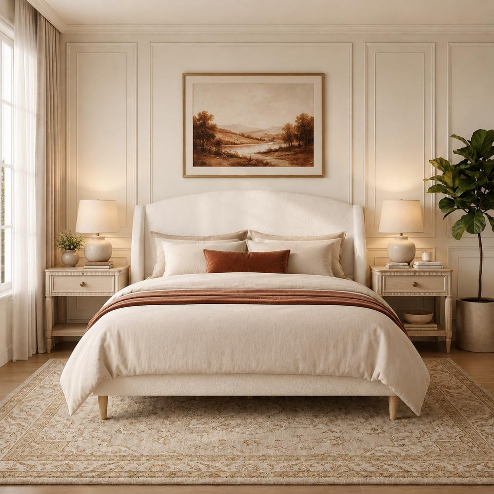 Merax Queen Size Soft Boucle Upholstered Platform Bed, Luxury Wingback Headbo...