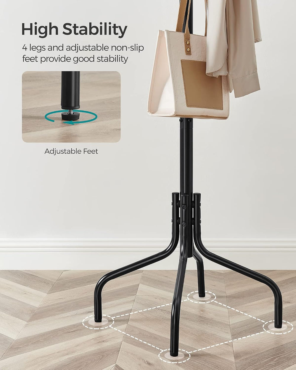 SONGMICS Coat Rack Freestanding, Metal Stand with 12 Hooks and 4 Legs