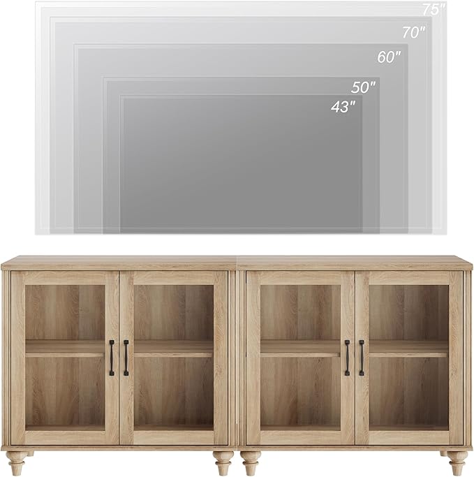 WAMPAT Entertainment Center with Bookshelves for TVs up to 75", Farmhouse Wall Unit TV Stand with Glass Doors, Media Console Table for Living Room, Bedroom & Home Theater, Oak
