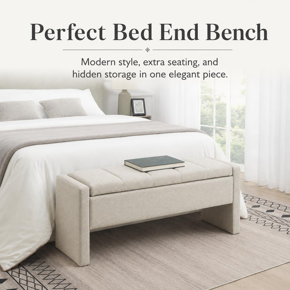47.25 Inch Storage Ottoman Bench, Linen Upholstered, Light Grey | End of Bed ...