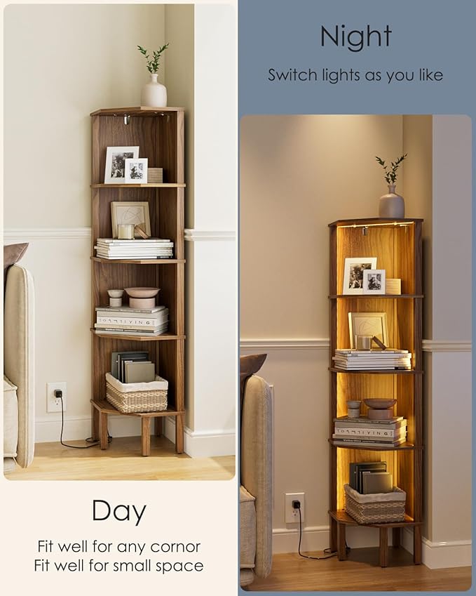 Corner Shelf, 5 Tier Corner Bookshelf with LED Light,Wall Display Corner Shelf Stand with Storage Rack for Living Room,Bedroom,Office,Walnut