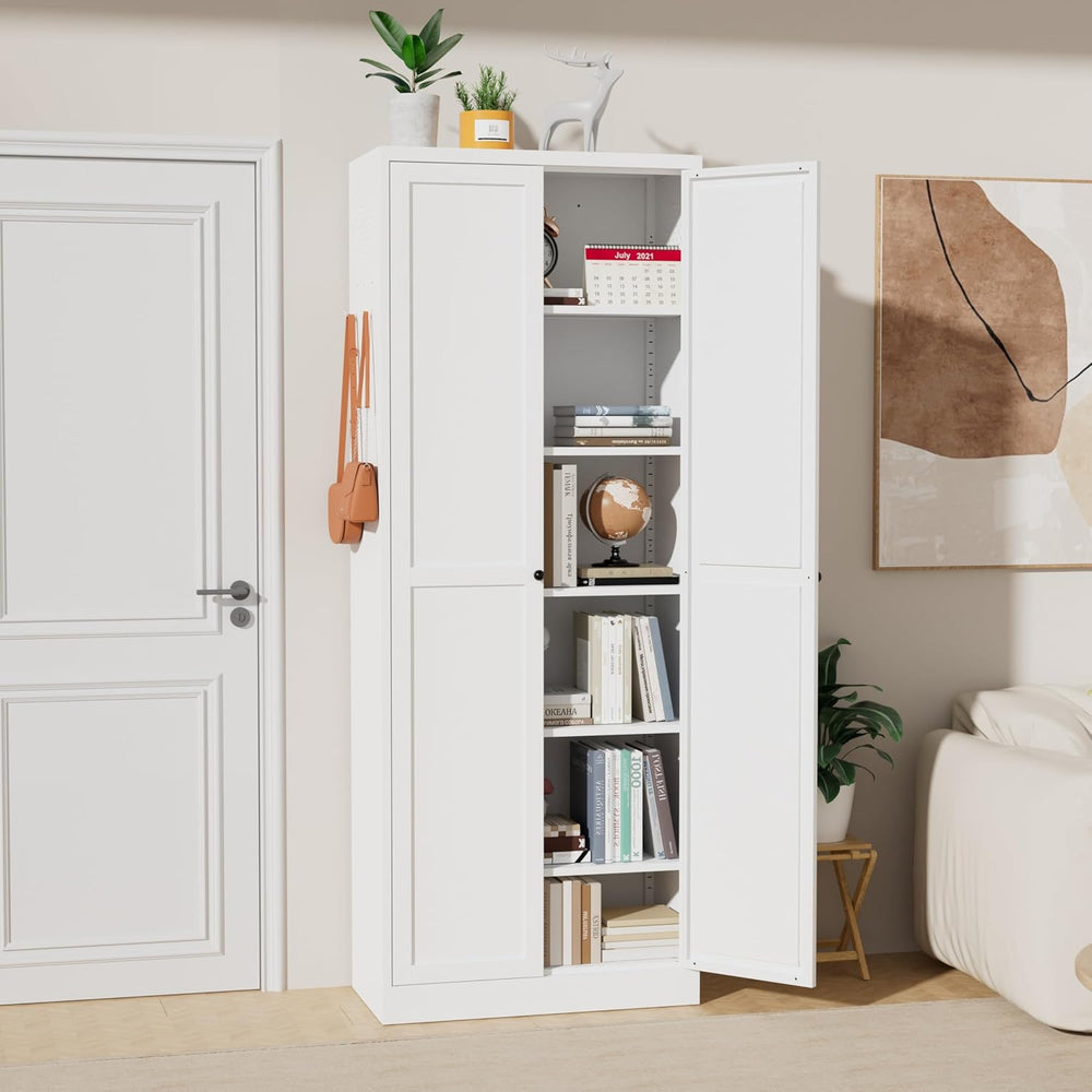 72" White Metal Kitchen Pantry Cabinet with Doors & 5 Adjustable She...