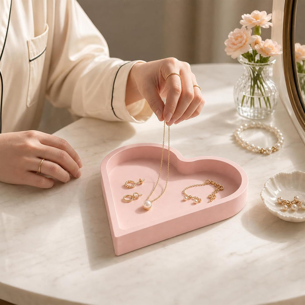 Heart Shape Silicone Jewelry Tray, Ring Dish, Small Key Bowl, Cute Trinket Tray for Necklace Earrings Bracelet Watch, Home Decor Gift for Mom Sister Daughter Friend Girlfriend, Pink