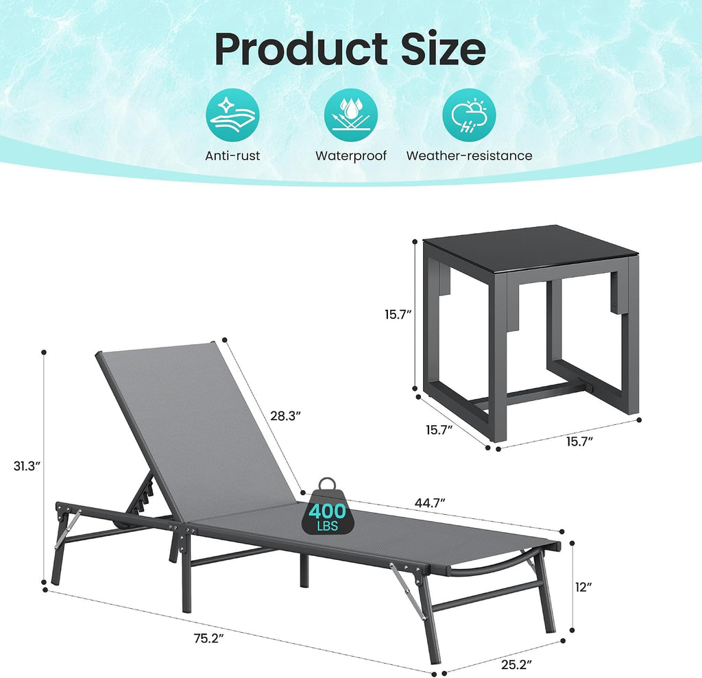Amopatio Outdoor Lounge Chairs Poolside Chaise Lounge for Patio Set of 2 | with Side Table Foldable Stackble Fully Assembled Weather Resistant 5-Position Adjustable Backrest 400LBS Capacity