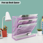 EASEPRES Desk File Organizer Mesh 4-Tier, Hanging Wall Mount Document Organization Stand, Desktop Vertical Mail Paper Folder Holder Rack with Bottom Tray for Office Home Cubicle, Light Purple