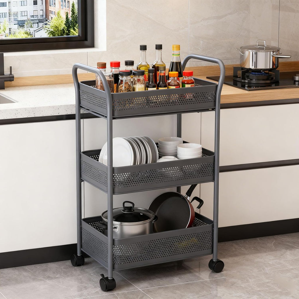 3 Tier Rolling Cart, Steel Multi Functional Movable Storage Organizer with Sliding Mesh Basket and 4 Quiet Wheels for Kitchen Bathroom Bedroom Living Room Laundry Room