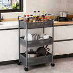 3 Tier Rolling Cart, Steel Multi Functional Movable Storage Organizer with Sliding Mesh Basket and 4 Quiet Wheels for Kitchen Bathroom Bedroom Living Room Laundry Room