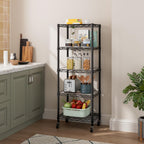 Small 5 Tier Shelves Storage Wire Shelving Unit Metal Shelf Adjustable Organizers Storage Shelving with Wheels for Bathroom Laundry Room Kitchen Pantry12”D x 18”W x 57.2”H Black