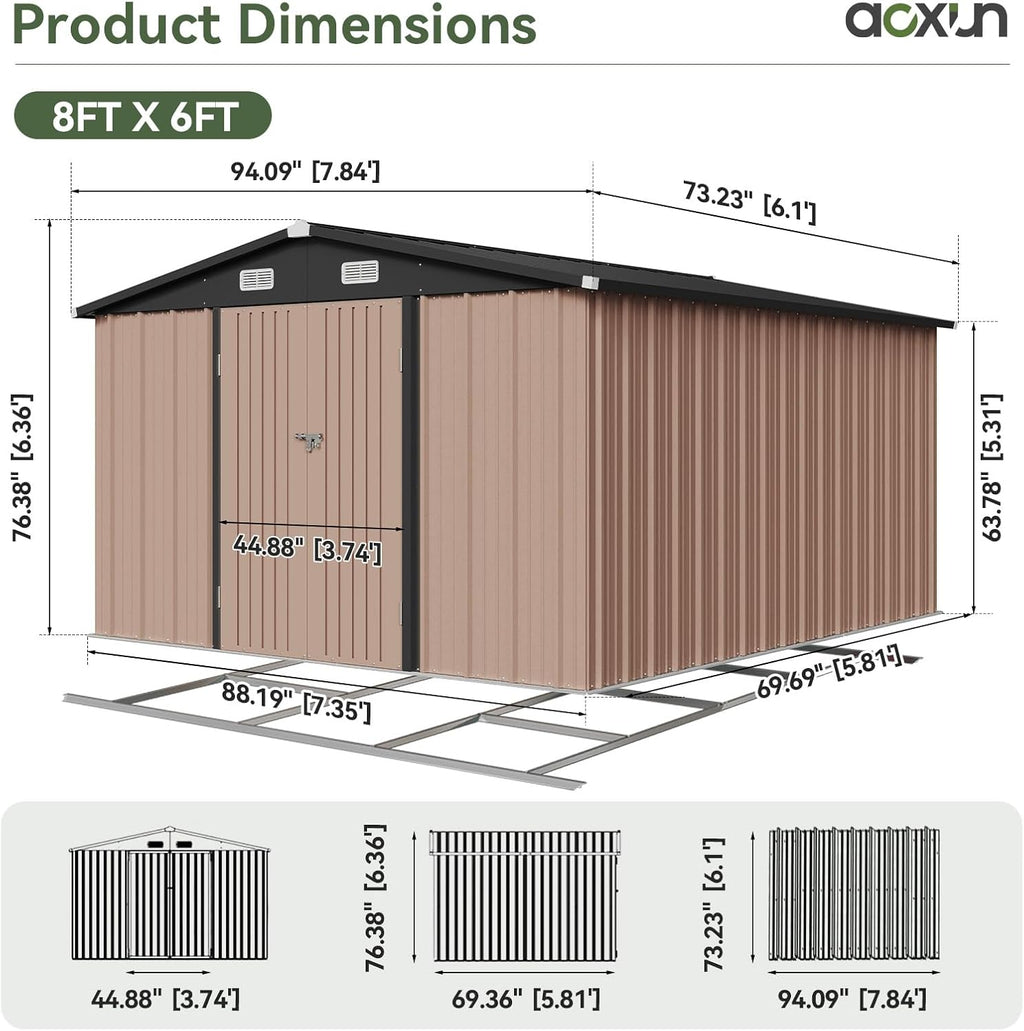 Aoxun 6' x 8' Storage Shed with Base Outdoor Steel Garden Utility Cabinet with Lockable Door Waterproof & Rust-Proof for Yard, Patio, Backyard (Brown, Base Included)