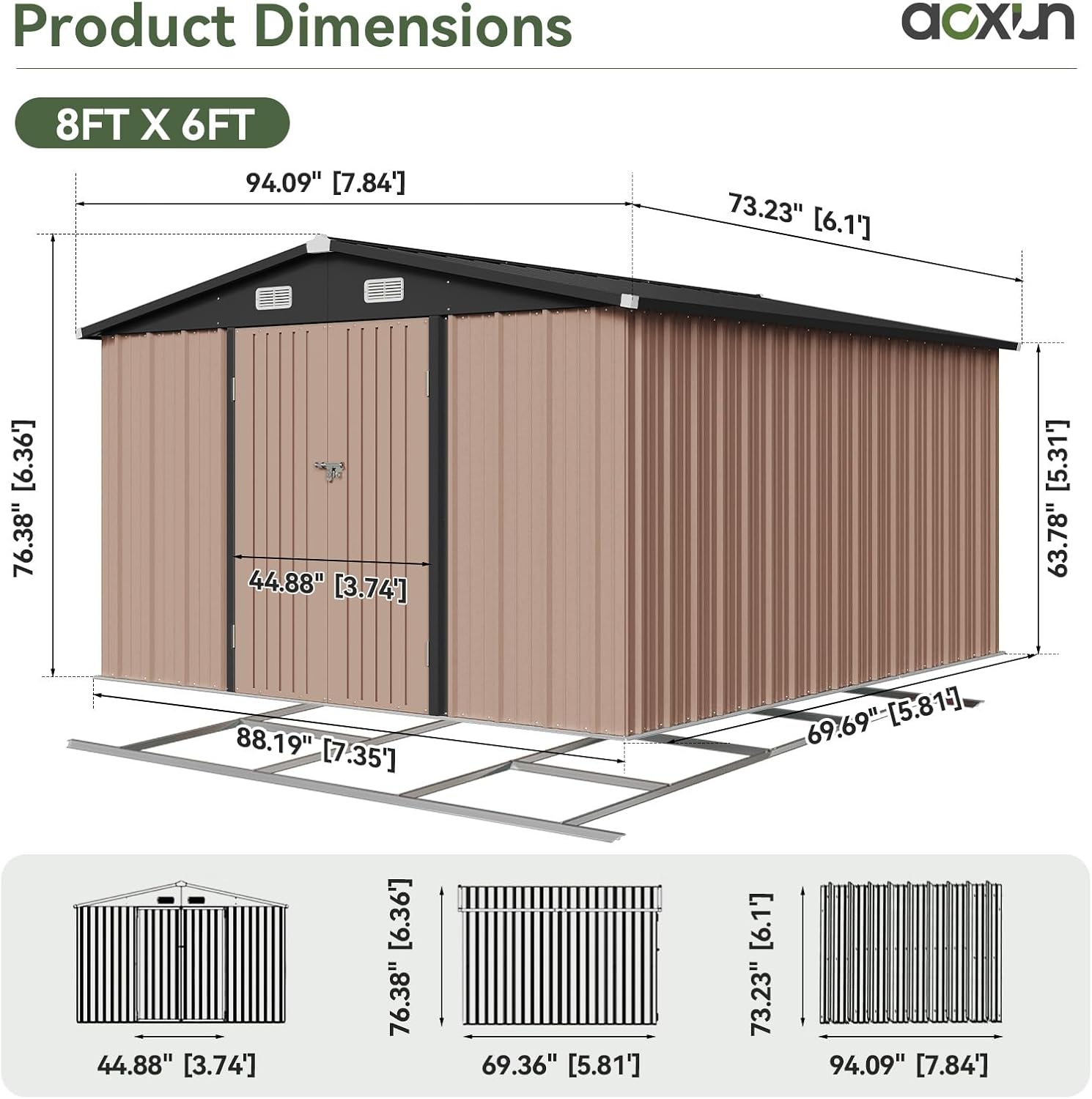 Aoxun 6' x 8' Storage Shed with Base Outdoor Steel Garden Utility Cabinet with Lockable Door Waterproof & Rust-Proof for Yard, Patio, Backyard (Brown, Base Included)