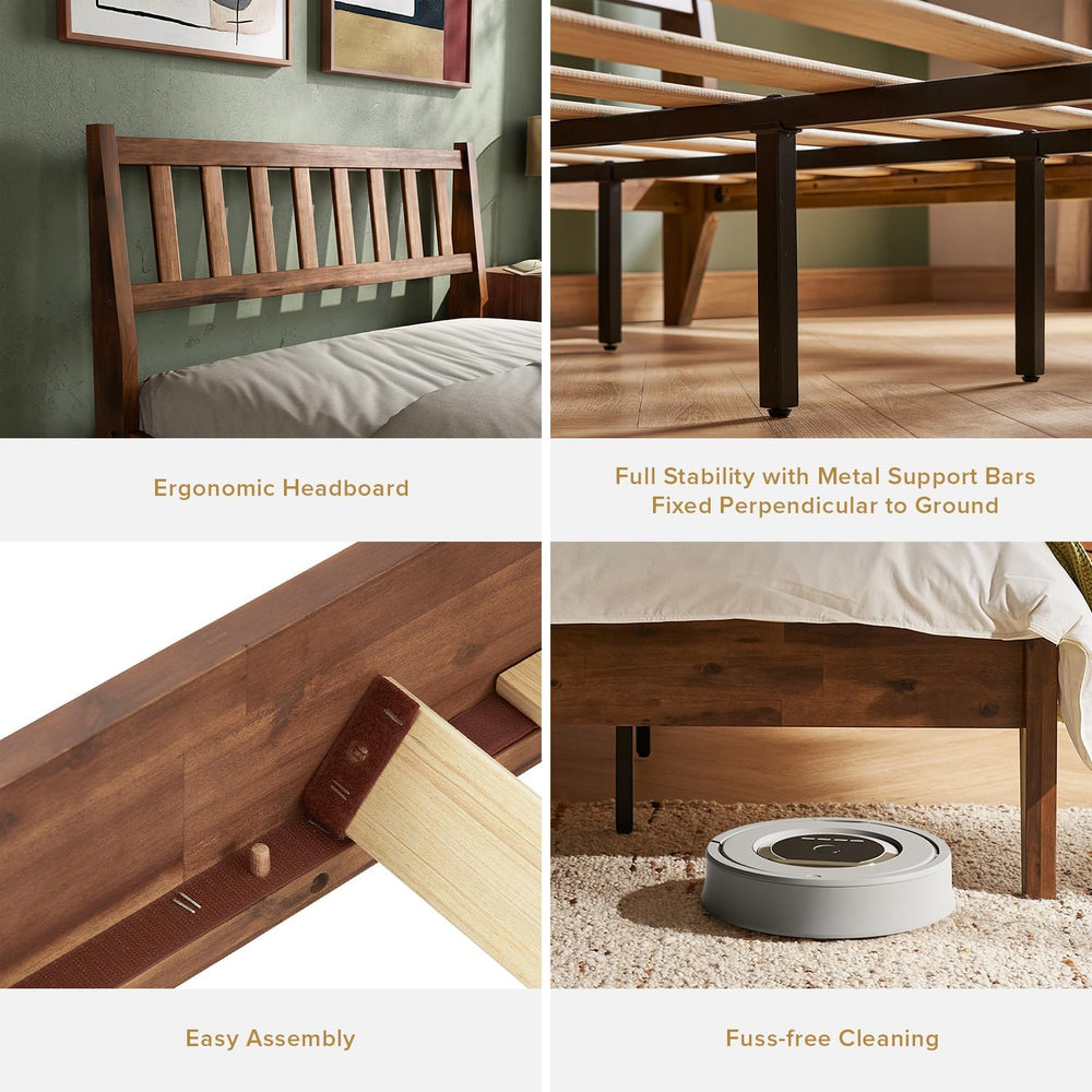 mopio Ted Bed Frame with Headboard, Mid Century Modern Acacia Solid Wood Plat...