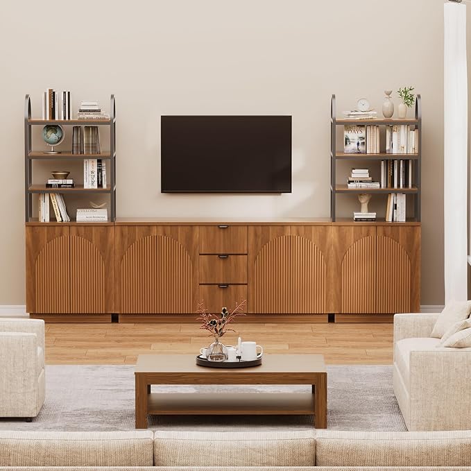 Yechen 122" Modular Entertainment Center with Bookshelves for up to 65", Mid-Century Modern TV Stand with Storage and Drawers, TV Cabinet with Adjustable Shelves, Living Room, Walnut Oak (3 PCS)