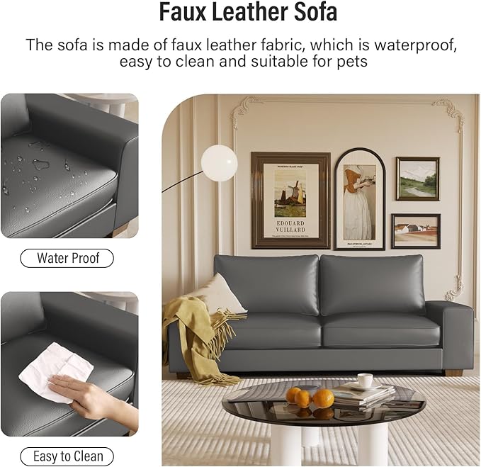 Faux Leather Couch, Mid Century Modern Comfy Loveseat Sofa with Wide Arm, Side Pockets, Solid Wooden Frame for Office, Living Room and Bedroom, 2 Seater (Gery, 71.25 Inches)