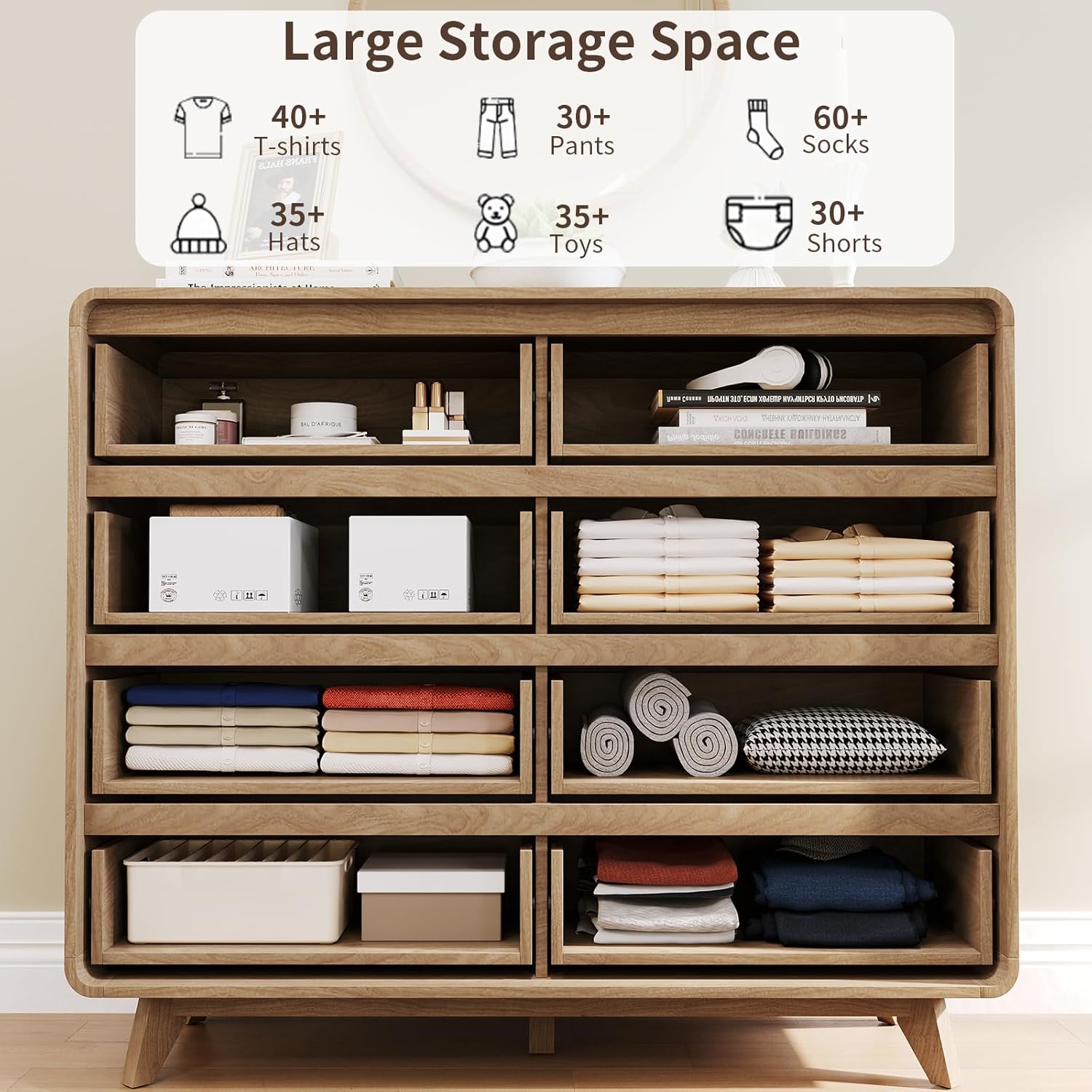 8 Drawer Dresser and Nightstand Sets for Bedroom, 3 Piece Bedroom Set, Wood 8 Drawer Dresser and Nightstand Set of 2, Fluted Chest of Drawers Wide Storage Organizer Cabinet Set, Natural Oak