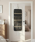 Hanging Jewelry Organizer, Dual-Sided Necklace Holder with Multiple Clear Pockets - Wall Mount & Over The Door Closet Storage for Earrings, Rings, Bracelets - 360° Rotating Hanger (1, Black, XL)