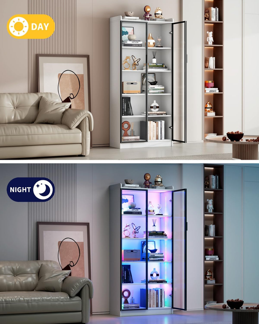 Dystler 65" Display Cabinet with Glass Doors, 5-Tier Curio Cabinet with ...