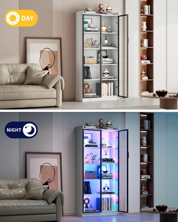 Dystler 65" Display Cabinet with Glass Doors, 5-Tier Curio Cabinet with Motion Sensor RGB Lights, Modern Display Case with Adjustable Shelves for Collectibles, Figures, Books, White