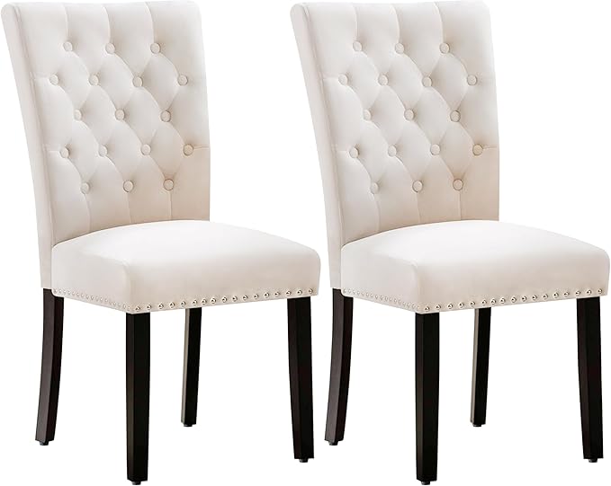 Velvet Dining Kitchen Chair Set of 2, Parsons Upholstered Dining Room Chair, Wood Accent Chair with Nailed Trim, Beige