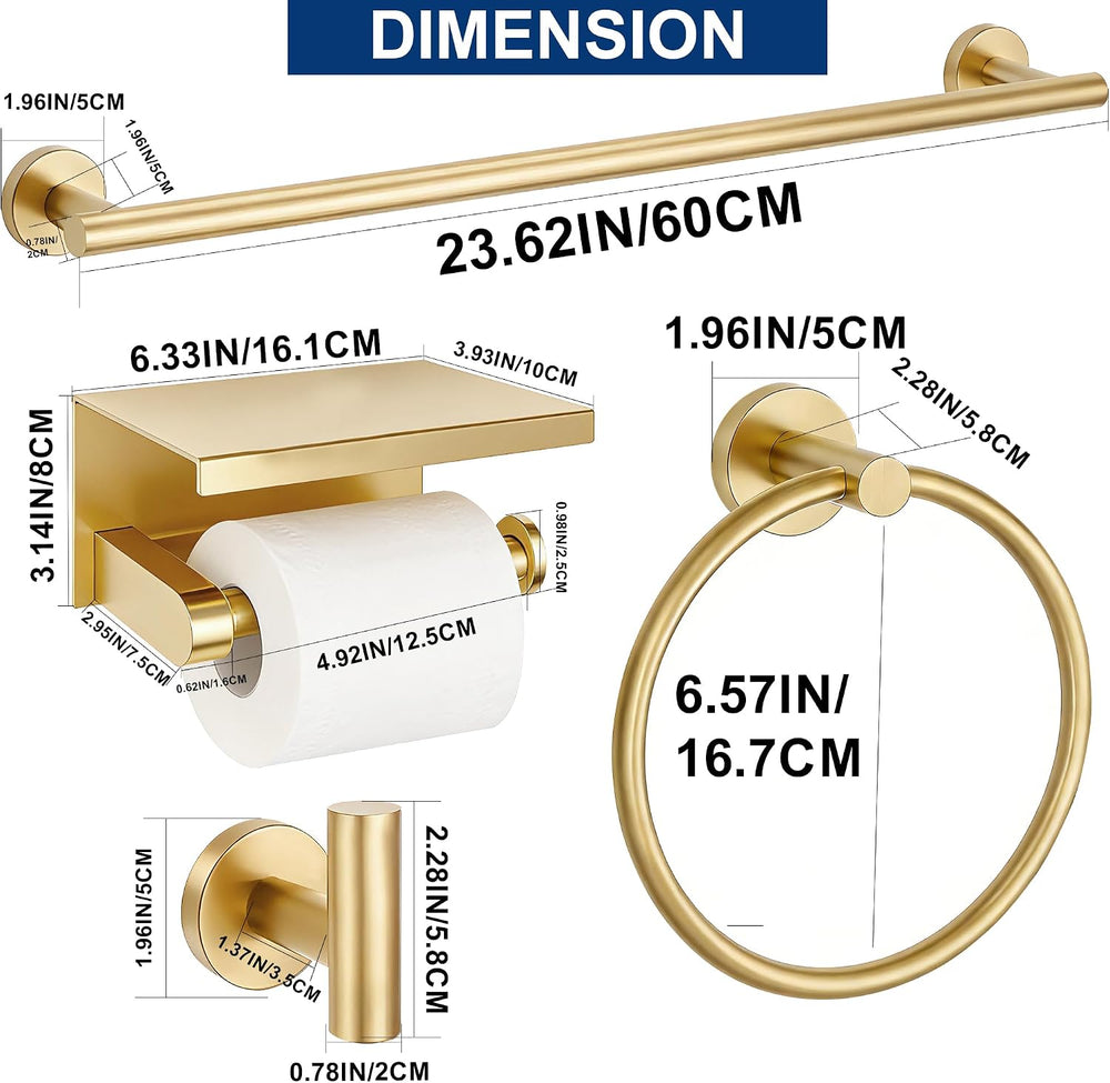 5 Pieces Bathroom Hardware Accessories Set Brushed Gold, 24Inch Bathroom Towe...