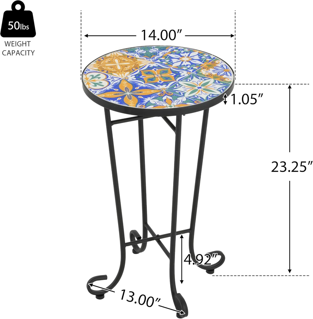 Outdoor Round Side Table,Ceramic Top Patio End Table with Metal Frame,Modern ...