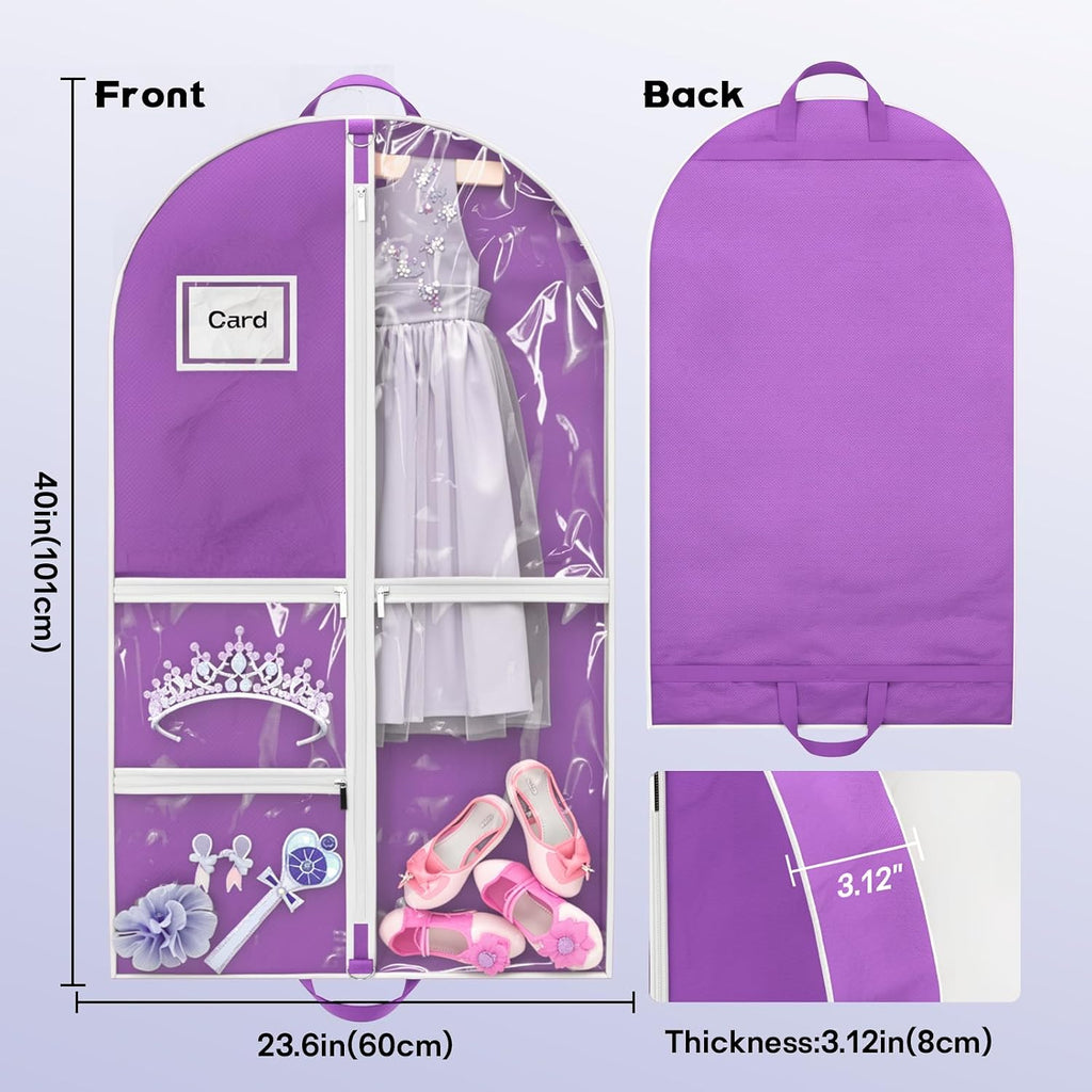 Dance Garment Bag for Hanging Clothes with 3 Zipper Clear Pockets Dance Accessories Essentials Uniform Costume 40 Inch Dress Bags for Dance Competition (Purple White, 1Pack 40")