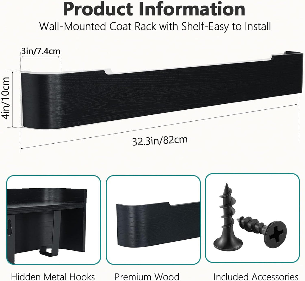 Coat Rack Wall Mount with Hidden Hooks Modern Key Holder Wood Entryway Hook with Shelf for Bedroom Kitchen Hallway Bathroom Designed for Hanging Coats Hats Bags Towels Dog Leashe(Black,8 Hooks)