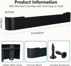 Coat Rack Wall Mount with Hidden Hooks Modern Key Holder Wood Entryway Hook with Shelf for Bedroom Kitchen Hallway Bathroom Designed for Hanging Coats Hats Bags Towels Dog Leashe(Black,8 Hooks)