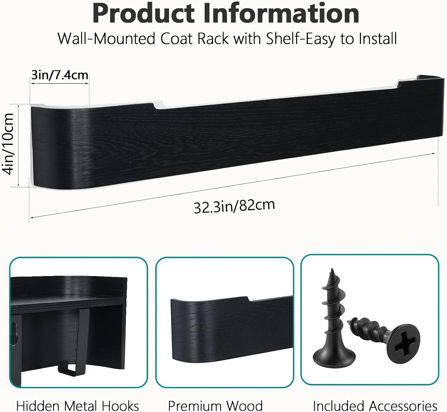 Coat Rack Wall Mount with Hidden Hooks Modern Key Holder Wood Entryway Hook with Shelf for Bedroom Kitchen Hallway Bathroom Designed for Hanging Coats Hats Bags Towels Dog Leashe(Black,8 Hooks)