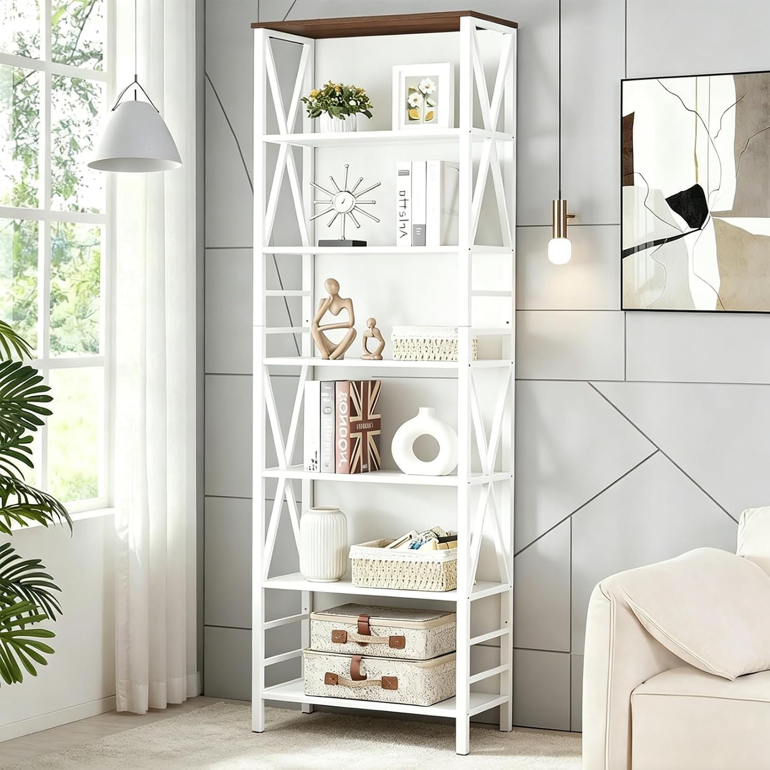 HOMISSUE Bookshelf, 7-Tier Bookshelf, Rustic Wood Metal Bookshelves and Bookcases, Freestanding Open Bookshelf, Industrial Tall Bookcase for Home Office, Living Room and Bedroom, White