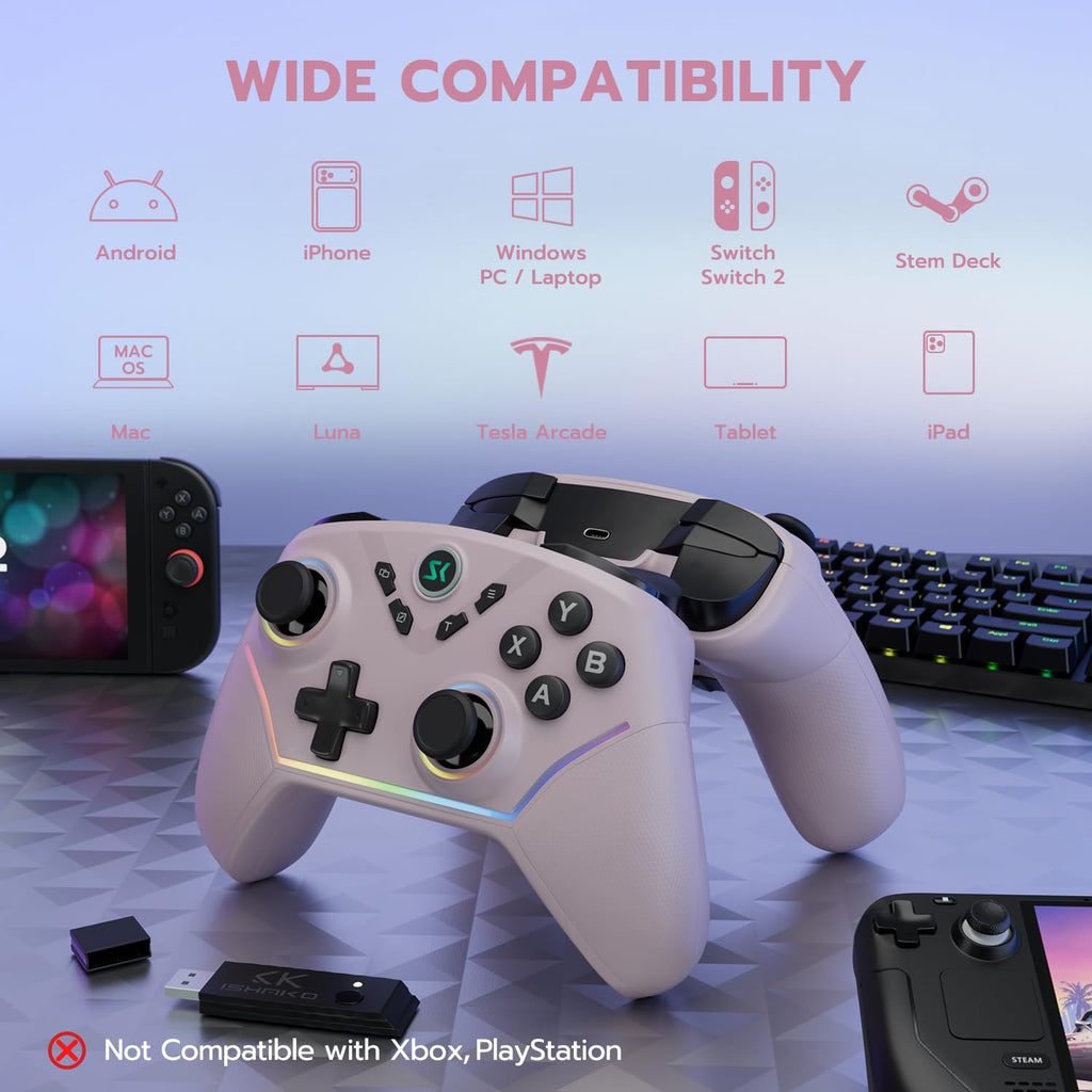 ISHAKO Wireless Gaming Controller – 1000Hz Polling, 1200mAh Battery PC Controller, Back Buttons, Hall effect Joystick, Hall Triggers, 3-Mode Triggers 2.4G&Bluetooth Controller for PC/Steam/iPhone/Android/Switch -Metallic Berry Powder