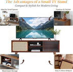 Tiita Rattan TV Stand for 55 Inch TV, Bamboo TV Cabinet with Adjustable Shelf and Storage, Boho Entertainment Center, Mid Century Modern Media Console for Bedroom, Living Room, Study, Walnut