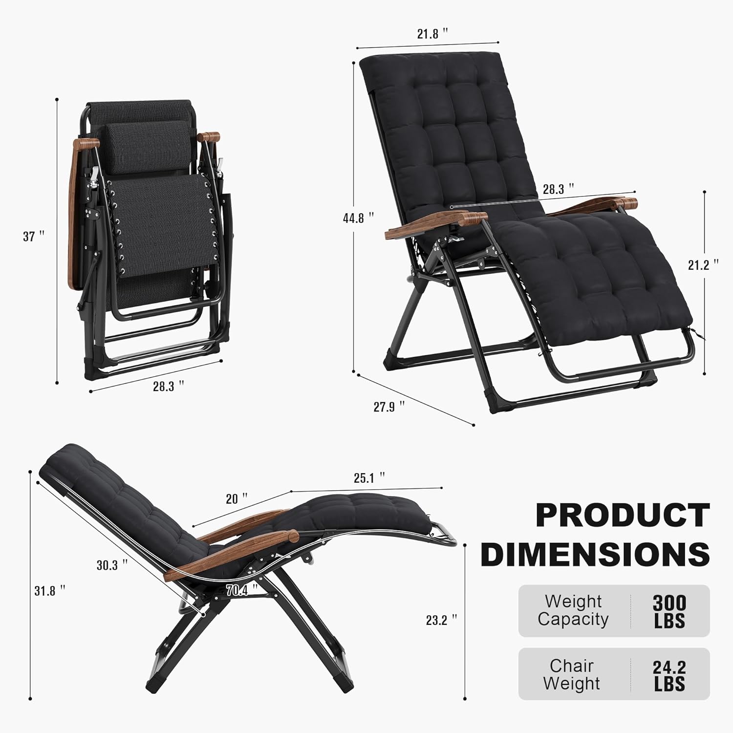PURPLE LEAF Outdoor Reclining Chair Oversized Removable Cushion, Black | Extra-wide seat, Adjustable head pillow, UV protected textilene, Reclining backrest, Removable cushions, 120gsm peach skin