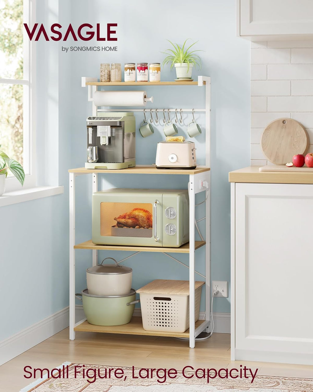 VASAGLE BARNET Collection - Kitchen Bakers Rack with Power Outlet, 23.6-Inch Wide Coffee Bar 4-Tier with 8 S Hooks, Modern Microwave Stand, Adjustable Shelf, Golden Oak and Cloud White UKKS014Y01V1