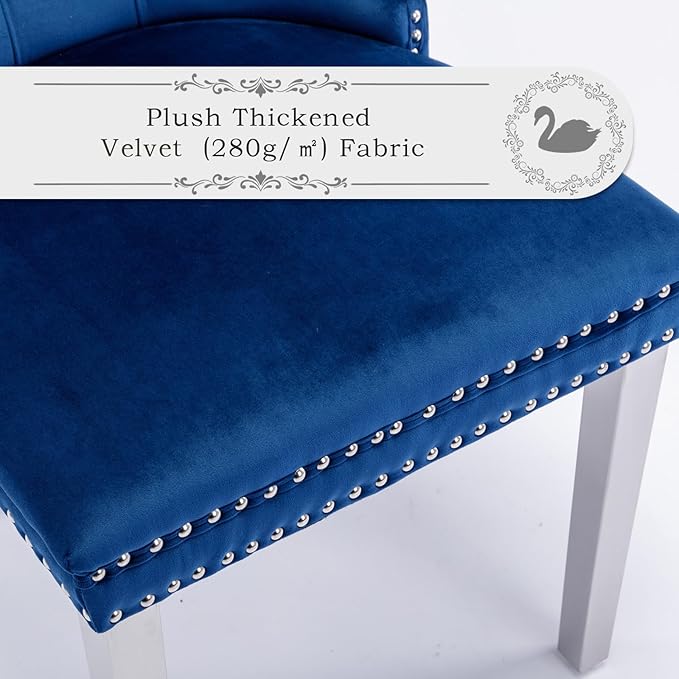 Velvet Upholstered Dining Chairs Set of 4, Modern Style Kitchen Side Chairs with Nailhead Trim and Silver Plated Leg, Metal Pulling Ring for Dining Room Living Room