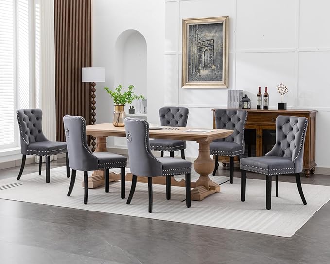 KCC Velvet Dining Chairs Set of 6, Upholstered High-end Tufted Dining Room Chair with Nailhead Back Ring Pull Trim Solid Wood Legs, Nikki Collection Modern Style for Kitchen, Grey