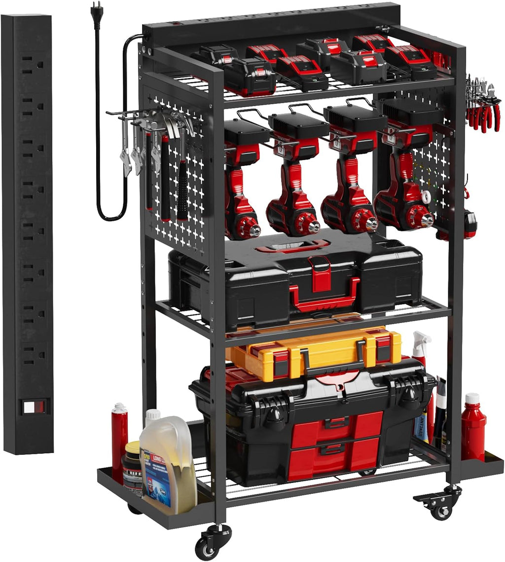 Power Tool Organizer Cart with 8 Power Outlet & Adjustable Storage, Garage Workshop Tool Box Cart, Gifts for Men