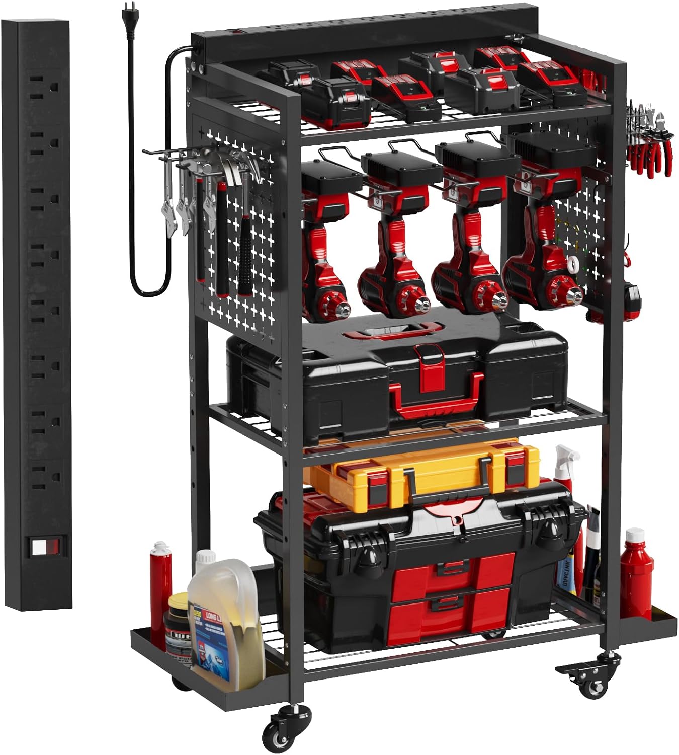 Power Tool Organizer Cart with 8 Power Outlet & Adjustable Storage, Garage Workshop Tool Box Cart, Gifts for Men